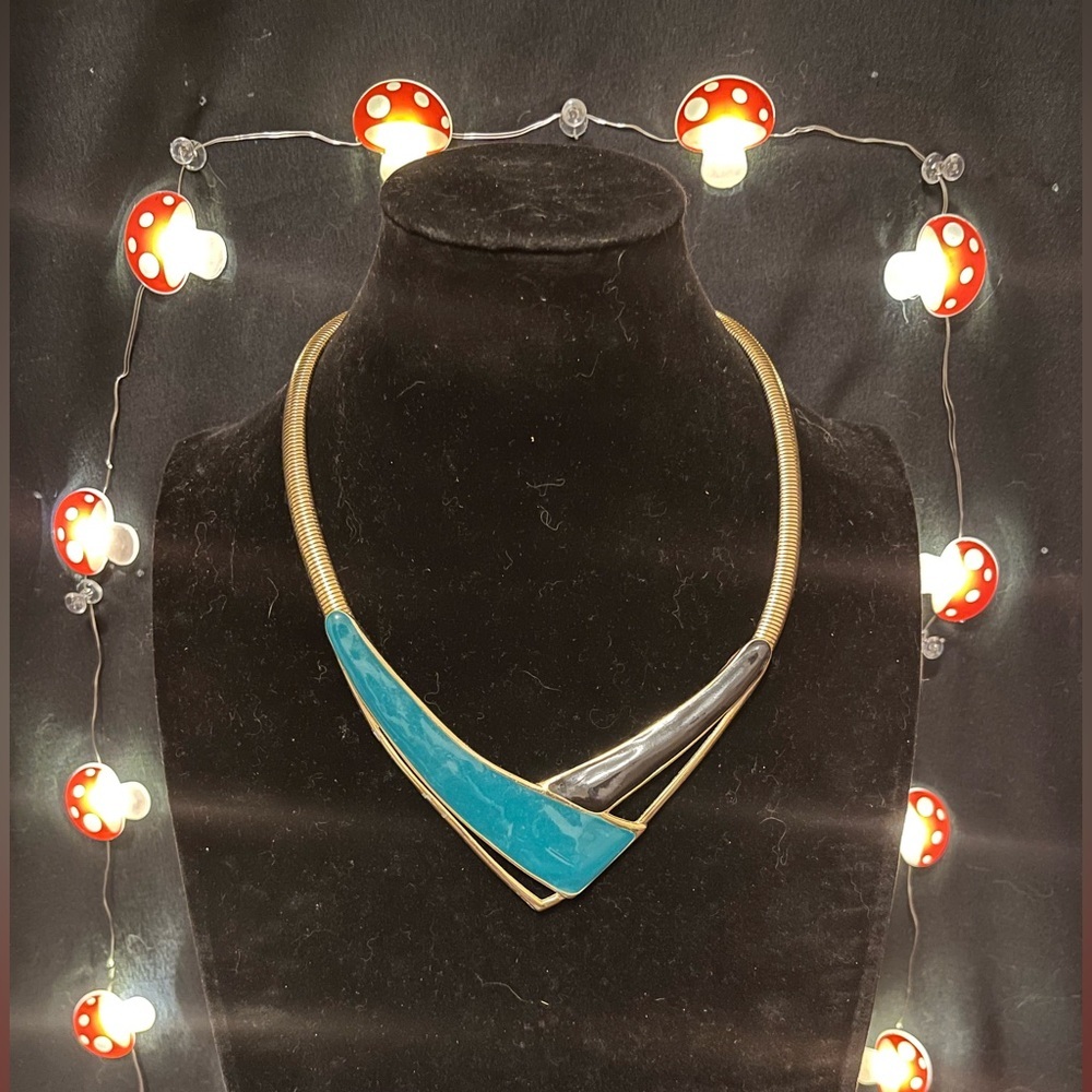 Gold & Blue Enamel Omega  Collar Necklace